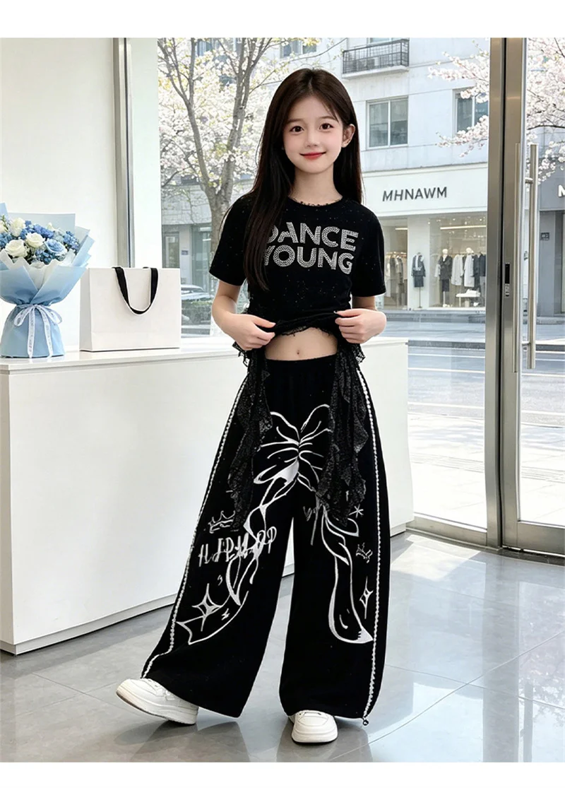 Neuheiten Hip-Hop Kleidung für junge Mädchen, Anzug mit Crop-Top und Hose, modischer Print, 2-teiliges Streetwear-Tanzkostüm für Kinder 8 10 12 Jahre – Detail 8