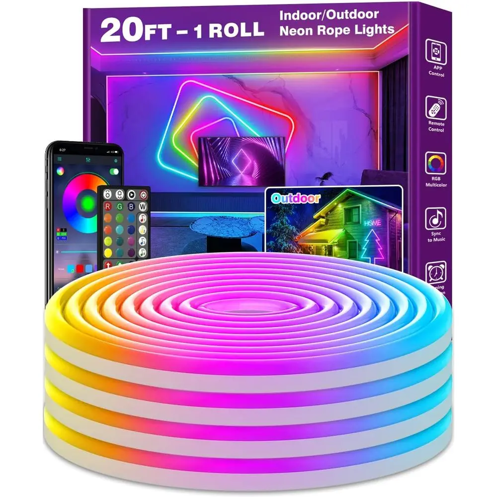 Flexible LED Rope Lights with App/Remote Control, RGB Music Sync for Gaming and Outdoor Use