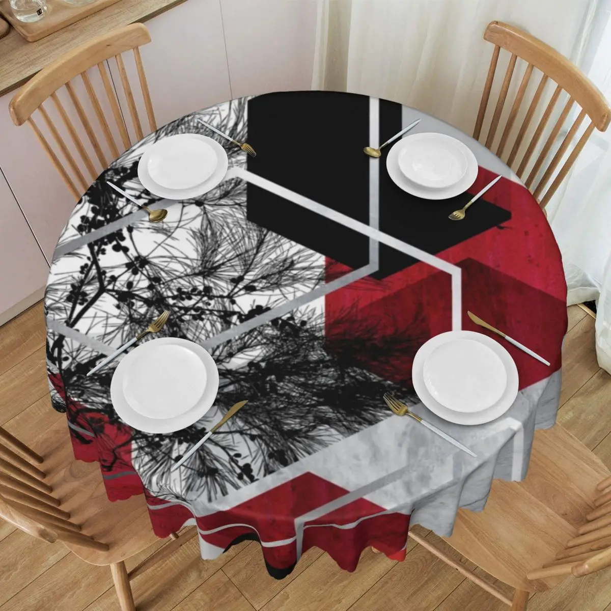 Customized Digital Landscape Round Tablecloths 60 Inch Abstract Geometric Texture Table Covers for Dining Table Cloth