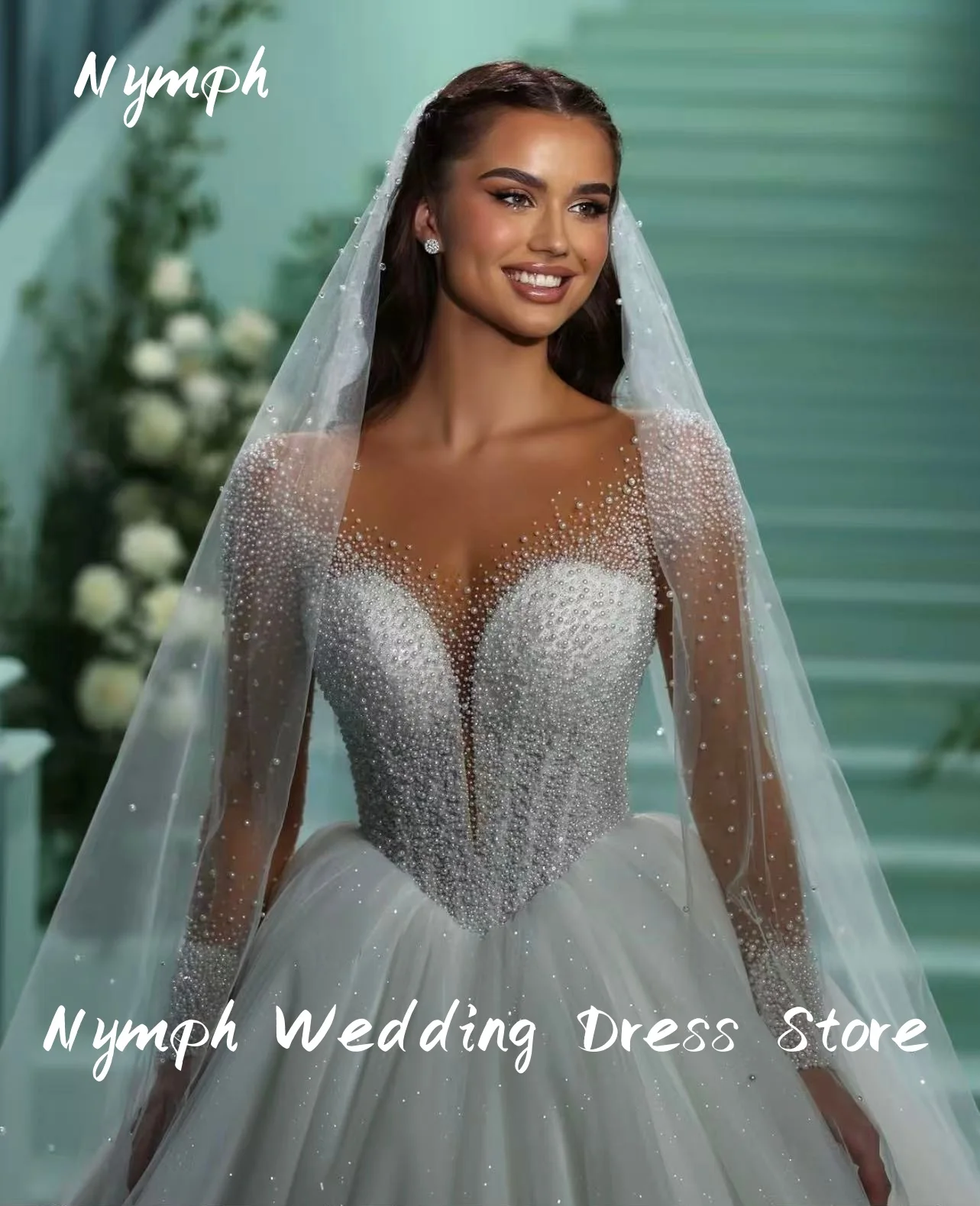 Suknie ślubne w stylu nimfy, szyte na miarę, z długimi rękawami, z brokatowego tiulu, zdobione perłami i koralikami, suknie ślubne, vestidos de novia