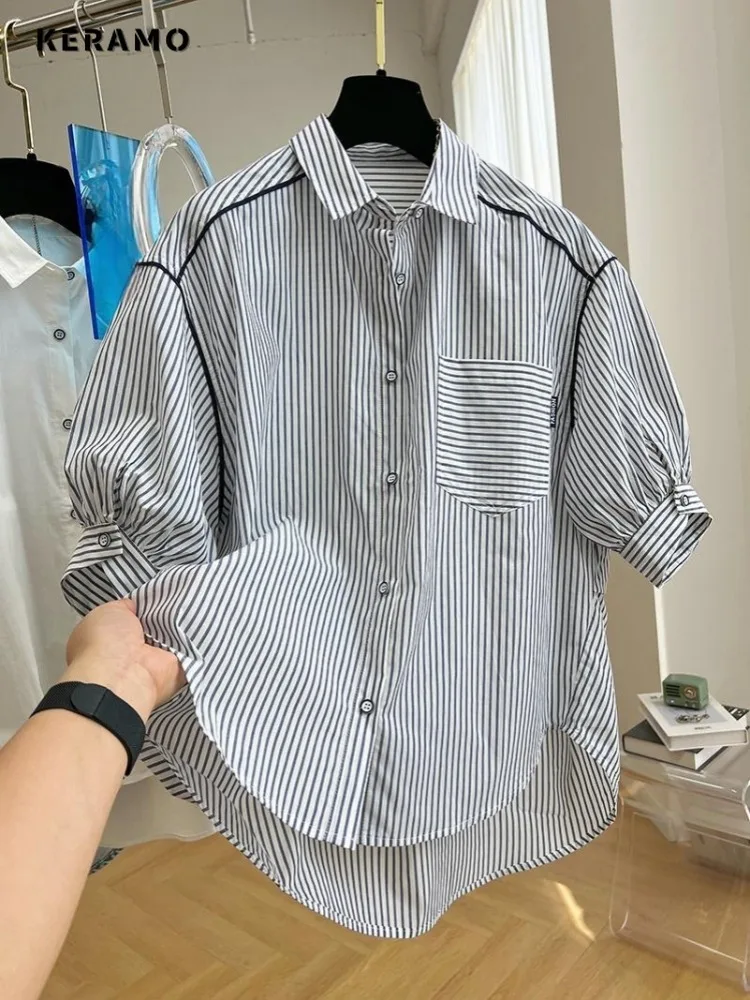 

Korean Chic Style Loose Short Sleeve Single Breasted Striped Shirt 2024 Summer Women's Casual Top Baggy Turn-Down Collar Blouse