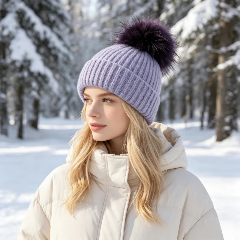 Gorro de Punto con Borde de Lana de Color Sólido, Suave y Cálido, Versátil, para Mujer, con Pompón Esponjoso, para Invierno