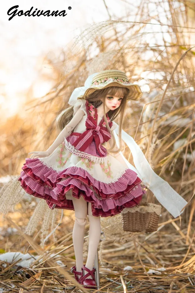 Vintage Pastorale BJD Doll Dress Floral Embroidery Ruffle Plaid Lolita Outfit with Apron and Straw Hat Handbag for 1/4 BJD Doll