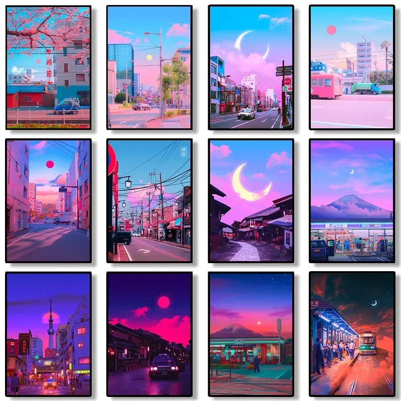 1 peinture sur toile sans cadre, 1 décoration murale nordique sans cadre, style cartoon, esthétique des années 80, rue magique de la ville touristique japonaise, nuit, Moo