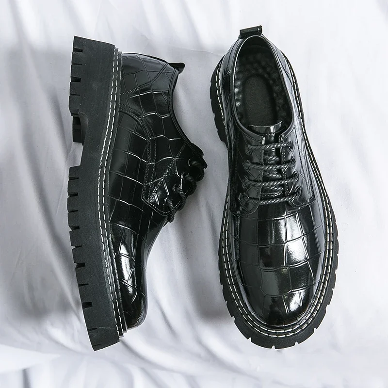 New Black Men Shoes Lace-up Round Toe Stone Pattern Brown Gray Men Dress Shoes Size 38-46