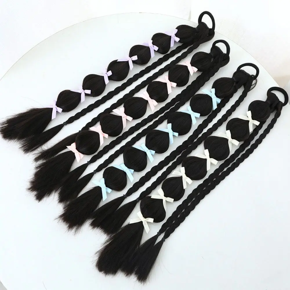 Chic Ribbon Wrapped Bubble Braid Ponytail Extension Synthetic Heat Resistant Wig Piece Easy To Wear Hair Styling Accessory