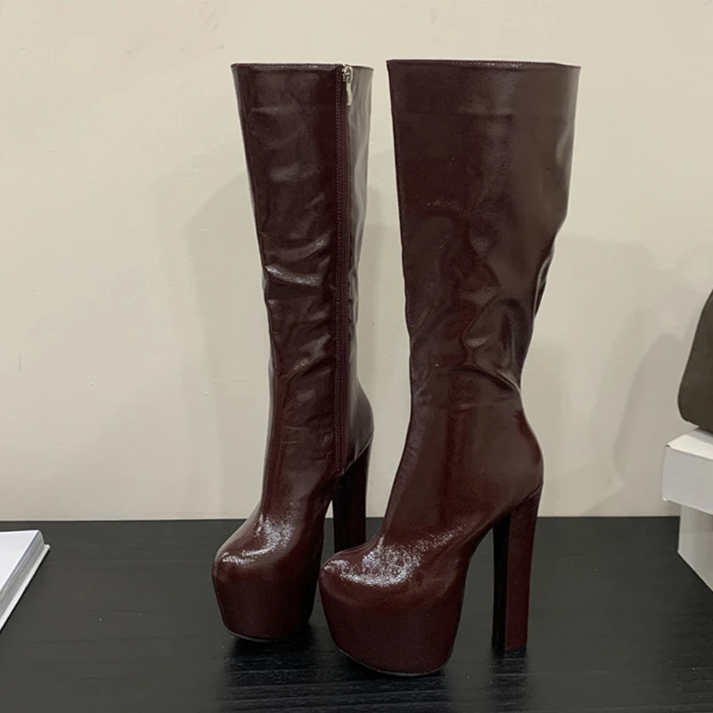 

Liyke INS Стиль 16 см Сапоги на платформе на массивном каблуке Женские сапоги до колена с круглым носком на молнии Сексуальные сапоги до колена для танцев на пилоне Осенне-зимняя обувь Черный