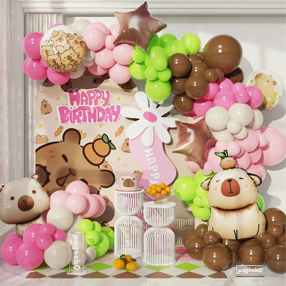 

115Pcs Capybara Balloons Wreath Kit Star Helium Ball Brown Pastel Green Baby Shower Birthday Decor Capybara Party Favors Globos