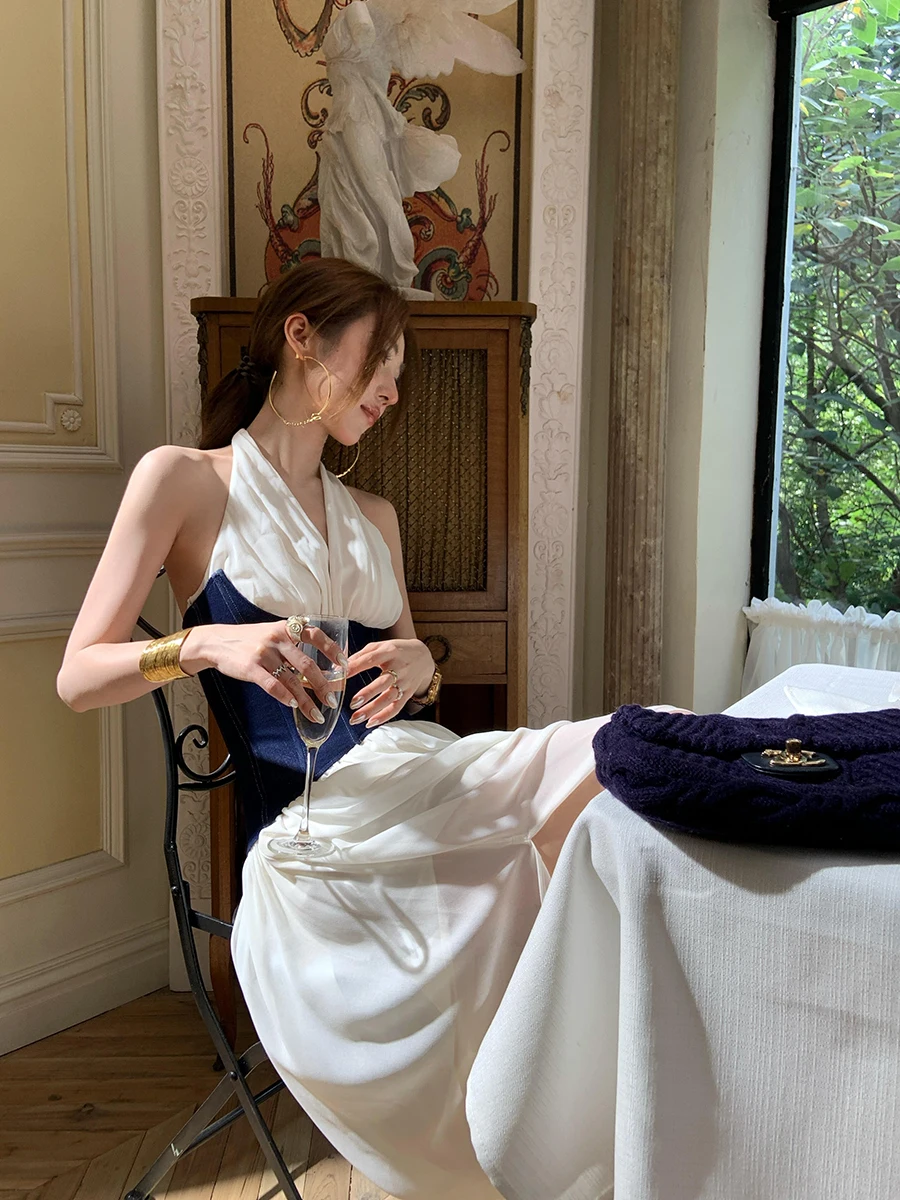 REDDACHiC Vrouwen Witte Jurk met Corset Riem Underbust Denim Taille Trainer Chiffon Halter Ruches Schede Jurk Avondfeest Jurk