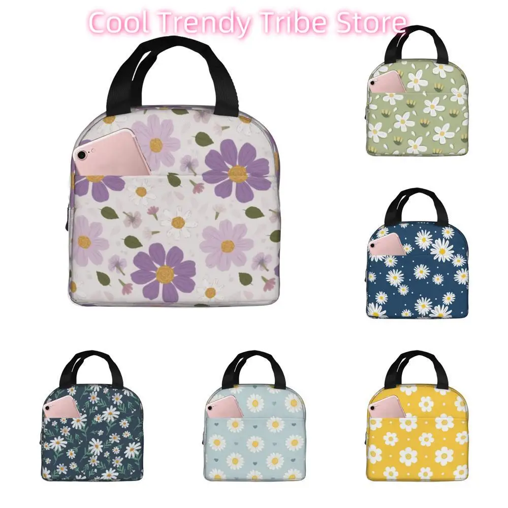 Grey Daisy Flower Lunch Bag for Women Men, Kawaii Daisy Insulated Lunch Box Container with Frond Pocket for Work Picnic Travel