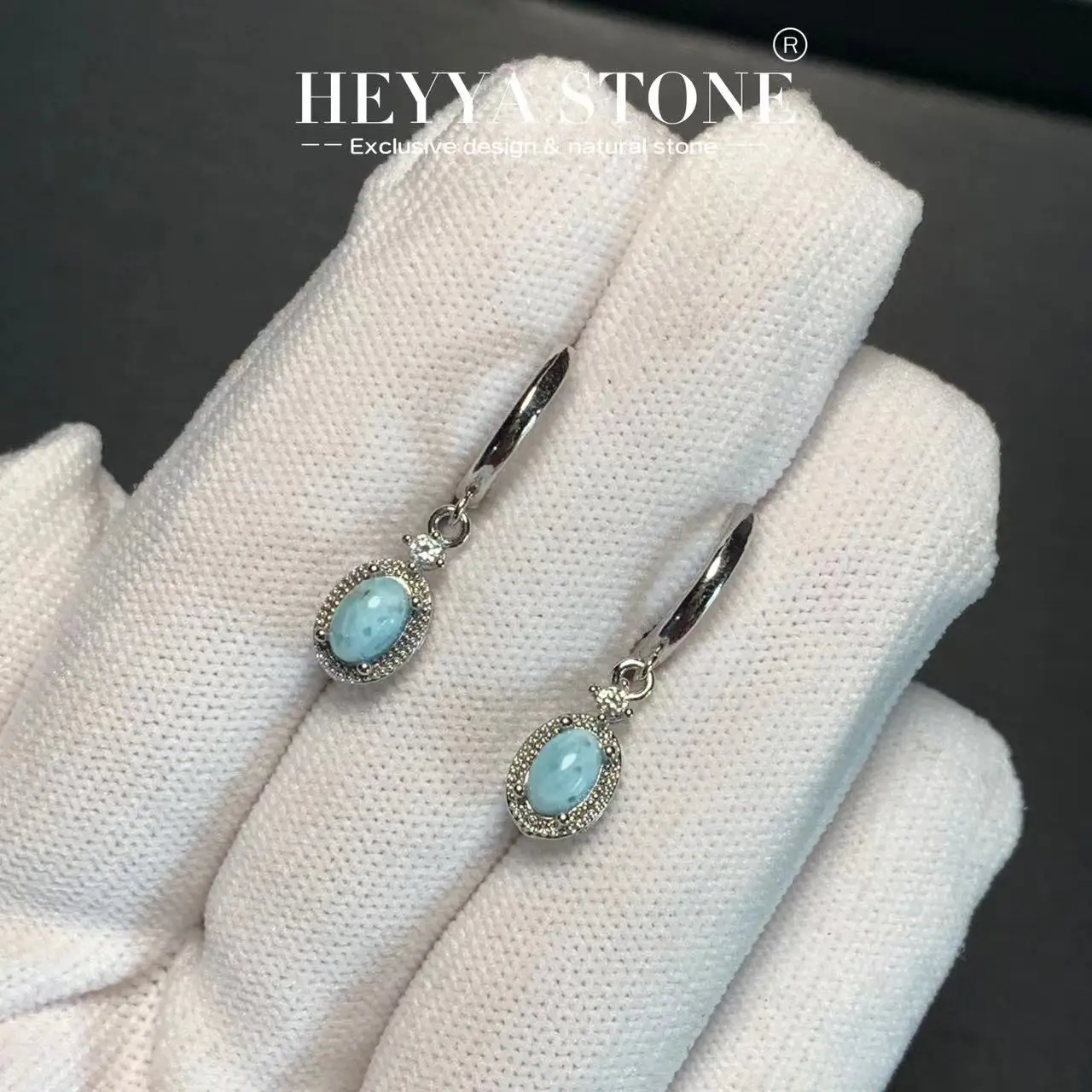 HEYYA-pendientes de aro de Larimar Natural para mujer, aretes chapados en plata 925, joyería fina Simple, piedra preciosa, estilo clásico