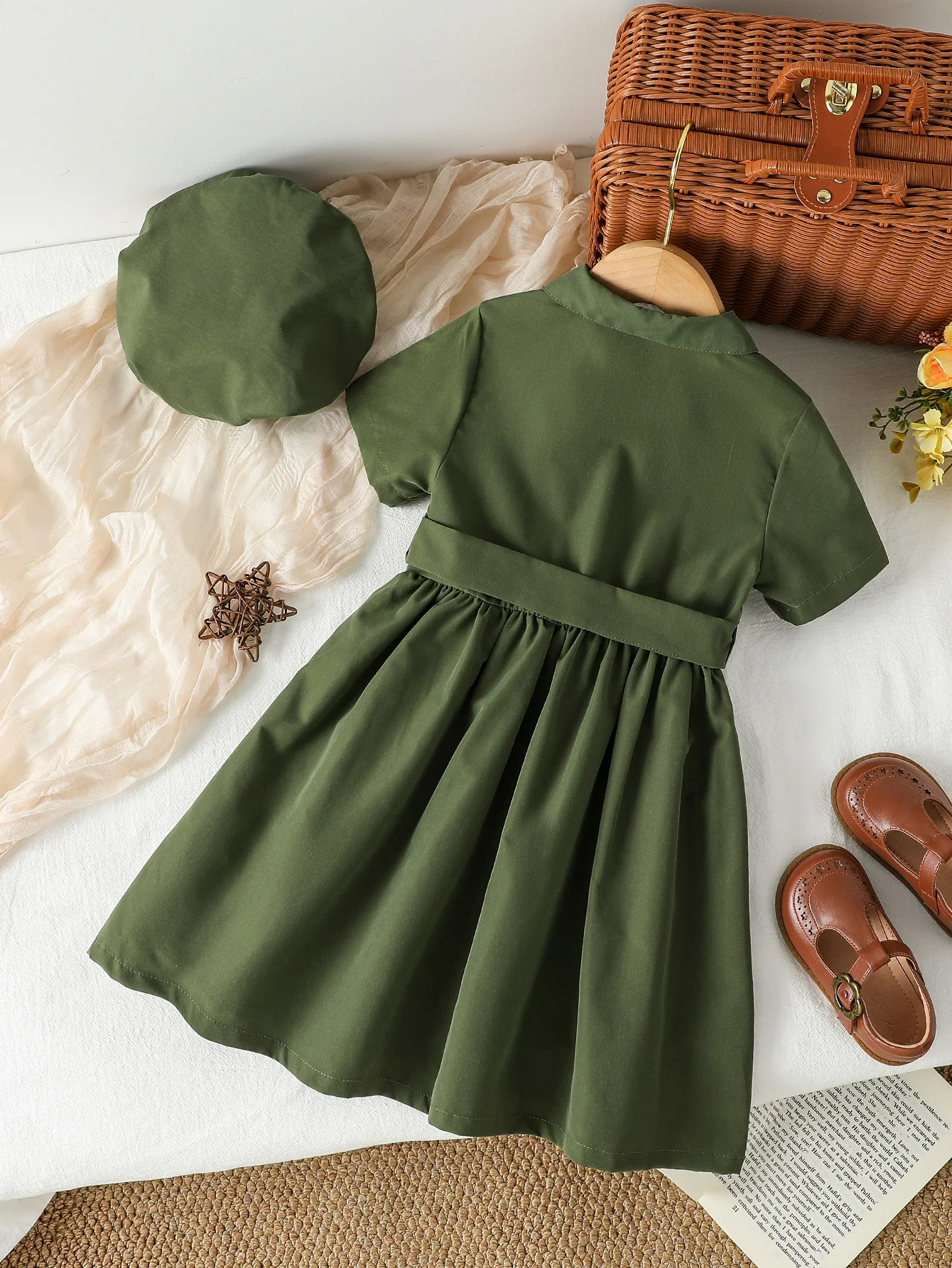 2Pcs Girls' Fashionable Short Sleeve Summer Casual Dress Korean Version Children's Lapel Waist Cinched Vest Baby Kids  2-7Y+Hat