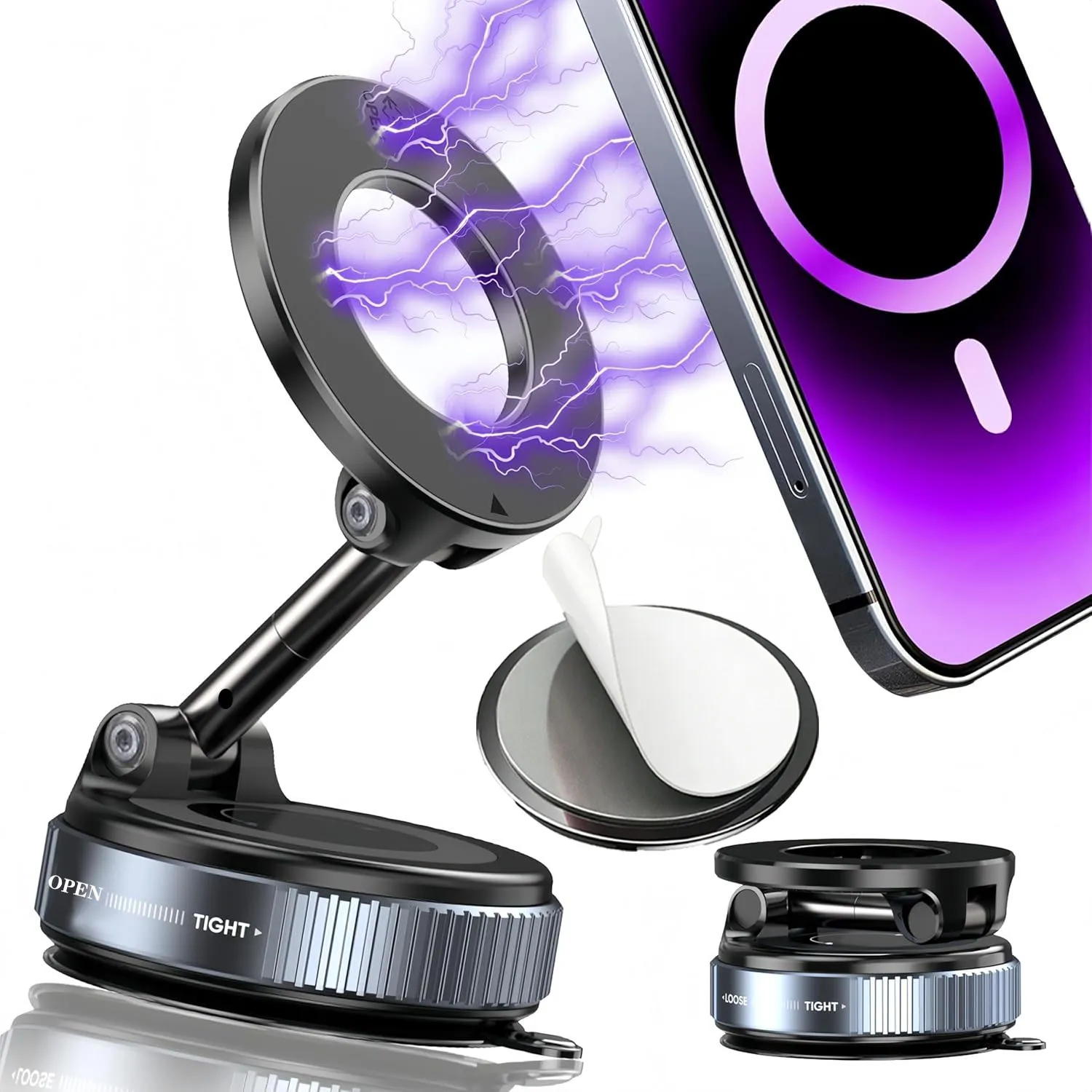 

Foldable Magnetic Car Phone Holder – N52 Magnet, 360° Rotatable Suction Cup for Dashboard Includes Extra Mount Pad & Adjustment