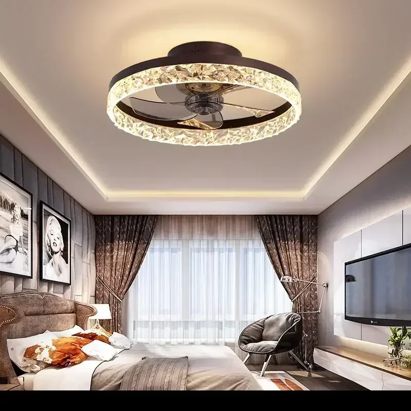 Modern Light Luxury Ceiling Fan Light Nordic Crystal LED Ceiling Light Remote Control Invisible 6-speed Ceiling Fan Lighting Fix