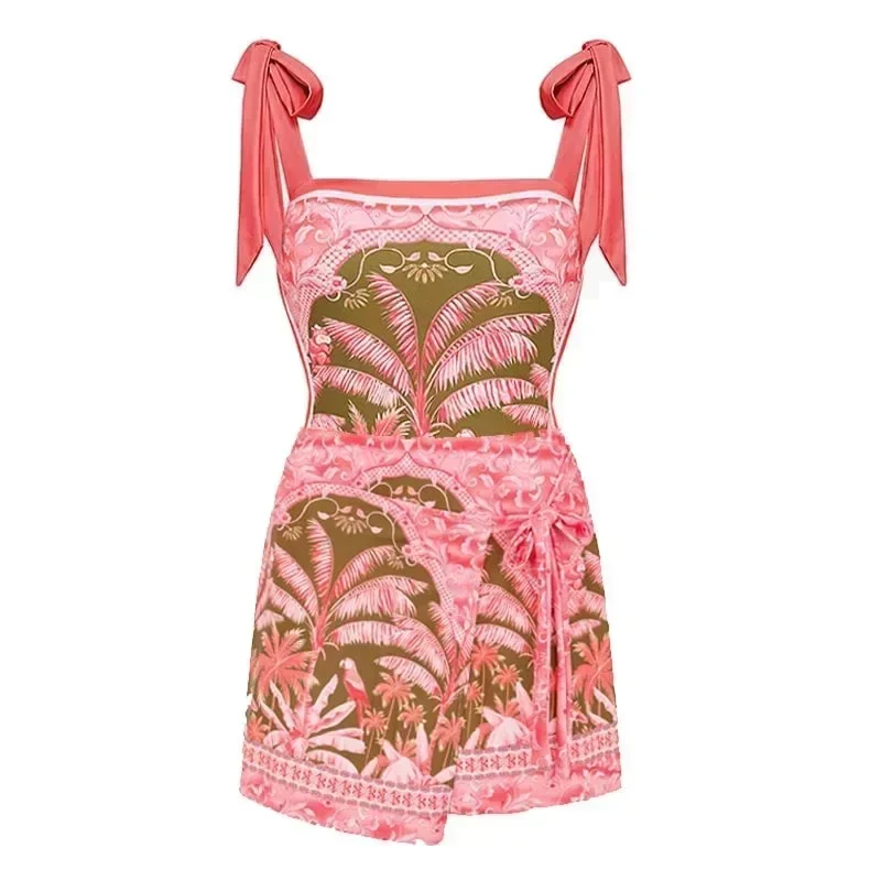 Women's Retro Print Ruffle Edge Swimsuit with Skirt, Slim Bikini Suit, Slash Neck, Backless Swimwear, Beach Cover-up, Holiday