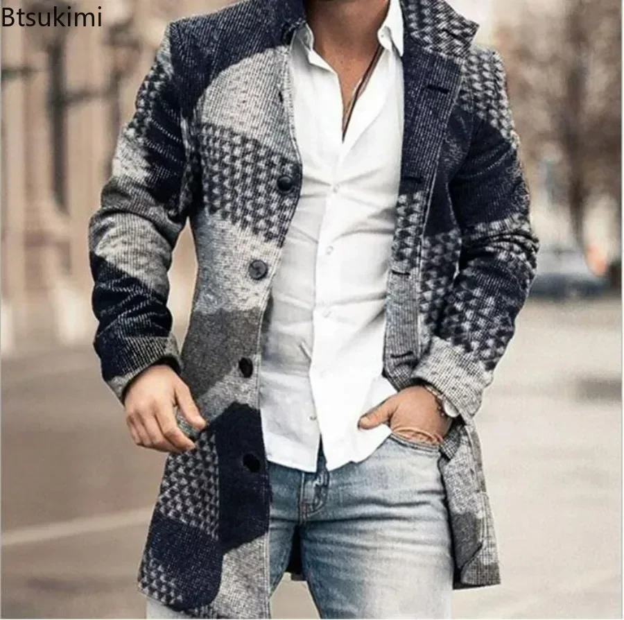 2025 Men's Casual Wool Blends Jacket Plaid Print Long Sleeve Buttoned Jackets Coats Tops Male Warm Outerwear Long Coats Men 4XL