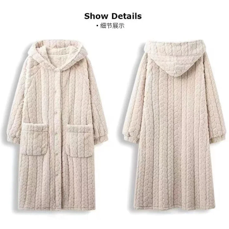 Autumn Winter Long Warm Bath Robes for Women Cute Thick Coral Velvet Homewear Long Nightfowns Hooded Sleepwear Ladies Loungwear