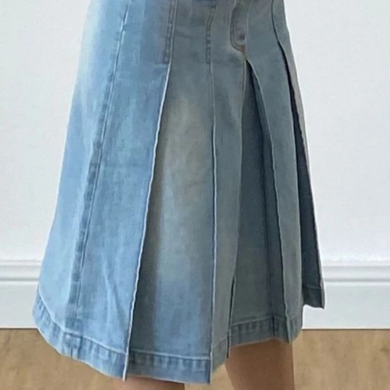 American Vintage Women\'s Denim Mid-lenth Skirts Summer New Y2K Gothic High Waist A-line Pleated Skirt Harajuku Girls Streetwear