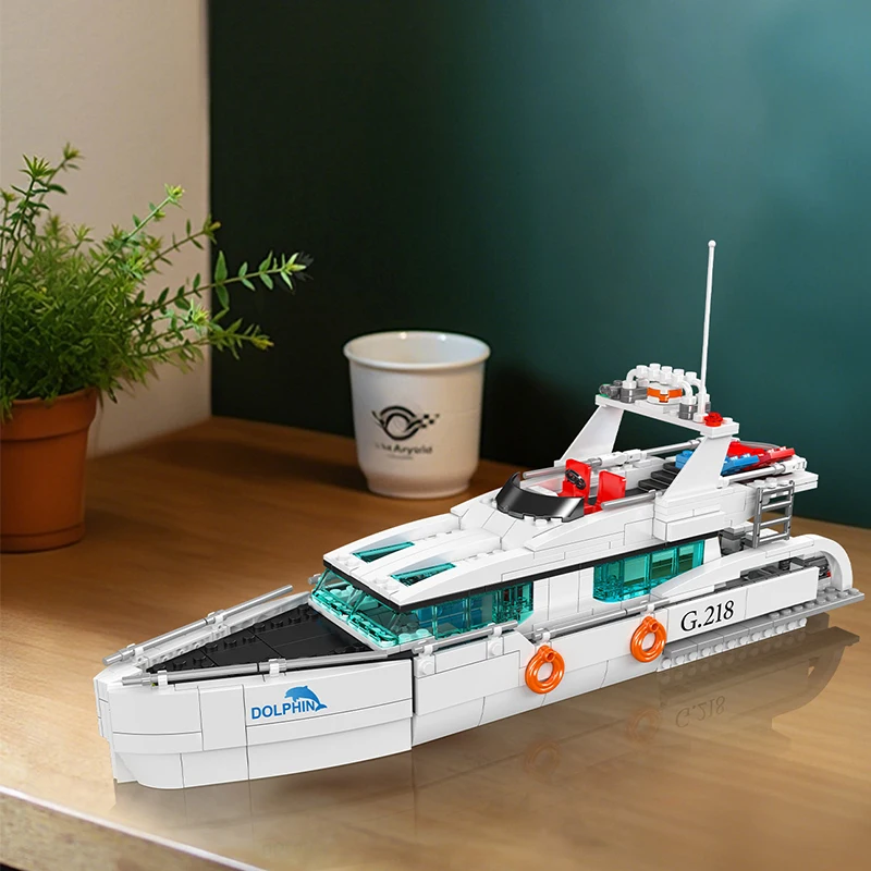 Mould King 10218, modelo de barco, yate delfín blanco, bloques de construcción, modelo de ensamblaje educativo para niños, juguete, regalo de cumpleaños