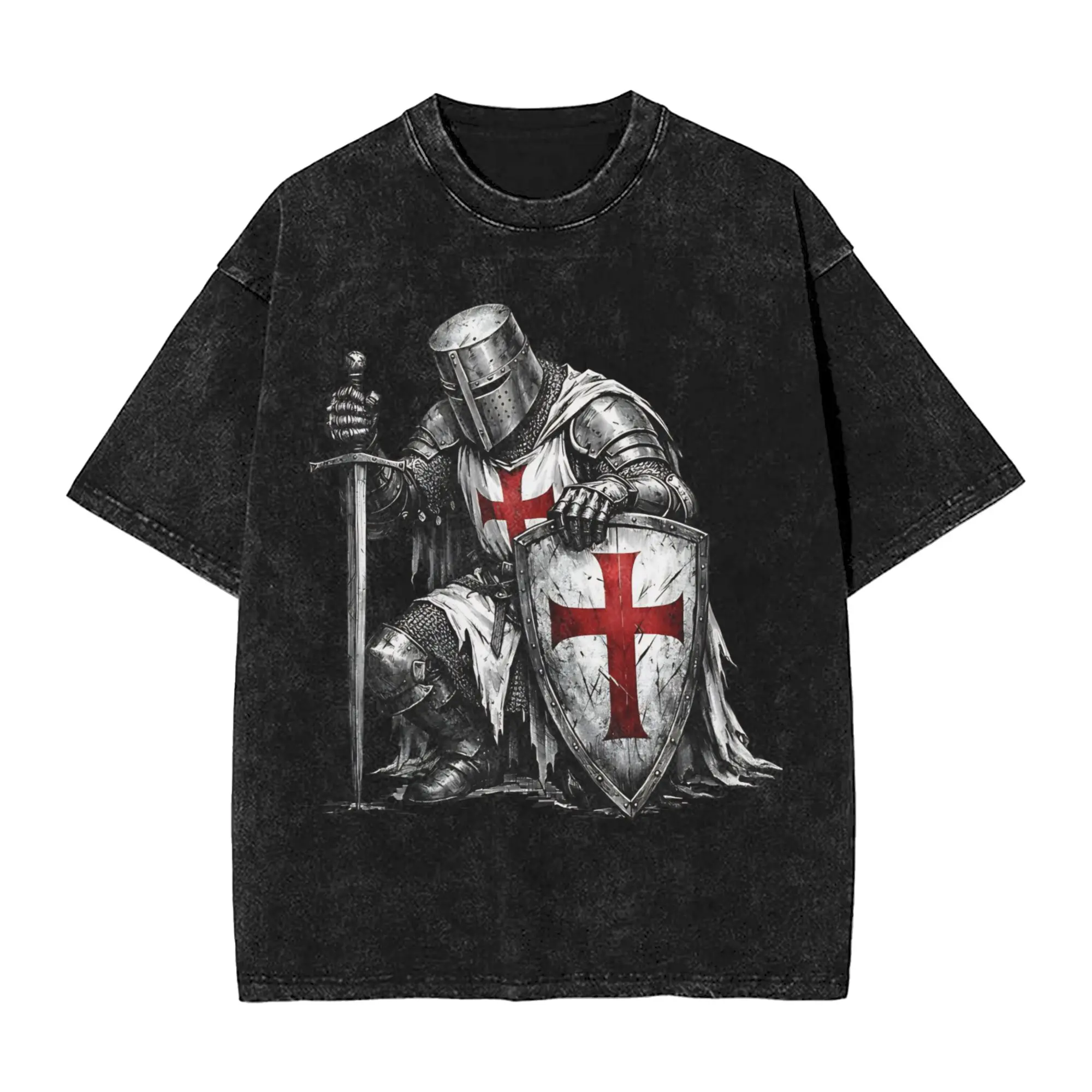 Deus Vult - The Templar Knight Washed T Shirt Streetwear Hip Hop Novelty T-Shirts  Tees Tops for Men Women Short Sleeve Oversize