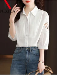 New in Spring Turn-down Collar Women's Shirts & Blouses Flower Hollow Out Pleaded Long Sleeve Top Elegant Office Female Clothing