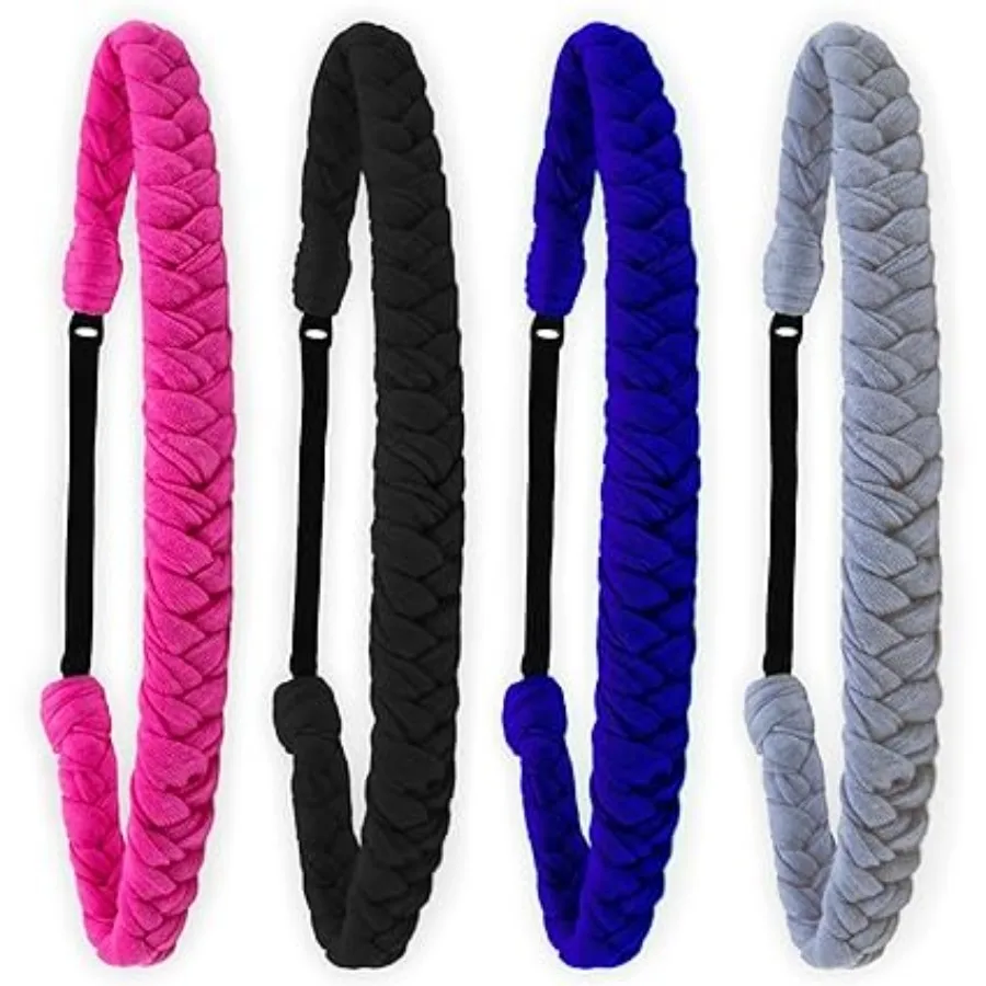4 Braided Headbands for Girls, Adjustable Braid Head Bands for Kids, Stretch Elastic Headband, Fabric Hairband Hair Accessories for Women, Easter Basket Fillers Stocking Stuffers (Solid)