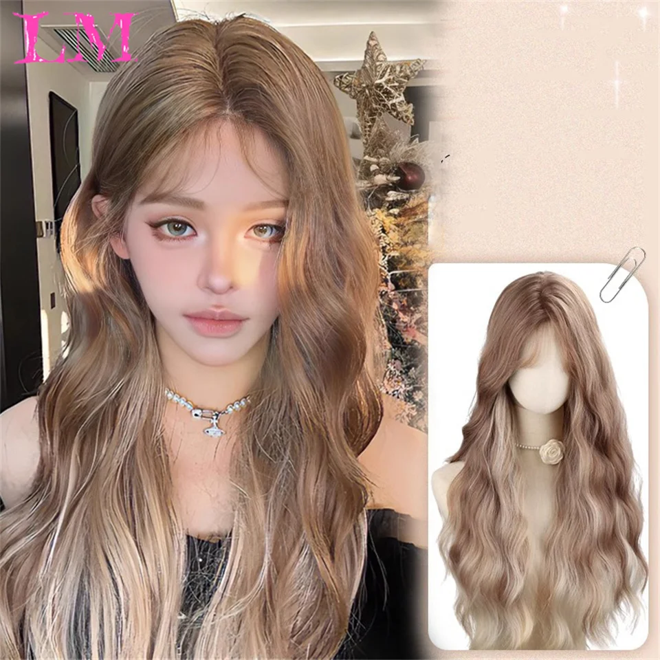 Long Blonde Ombre Brown Synthetic Wigs Water Wavy Platinum Wigs with Bang Hair Wig for Women Daily Cosplay Party Heat Resistant