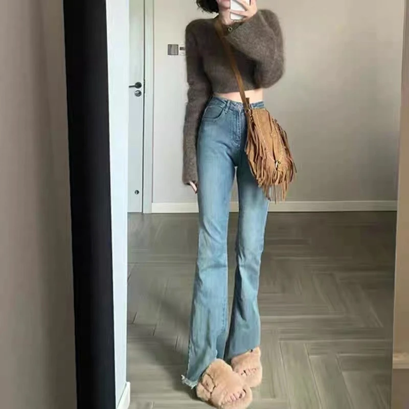 달콤하고 매운 소녀 스타일 마이크로 플레어 진 레트로 블루 한국 스타일 하이웨이스트 슬림 플러스 사이즈 여성용 롱 팬츠