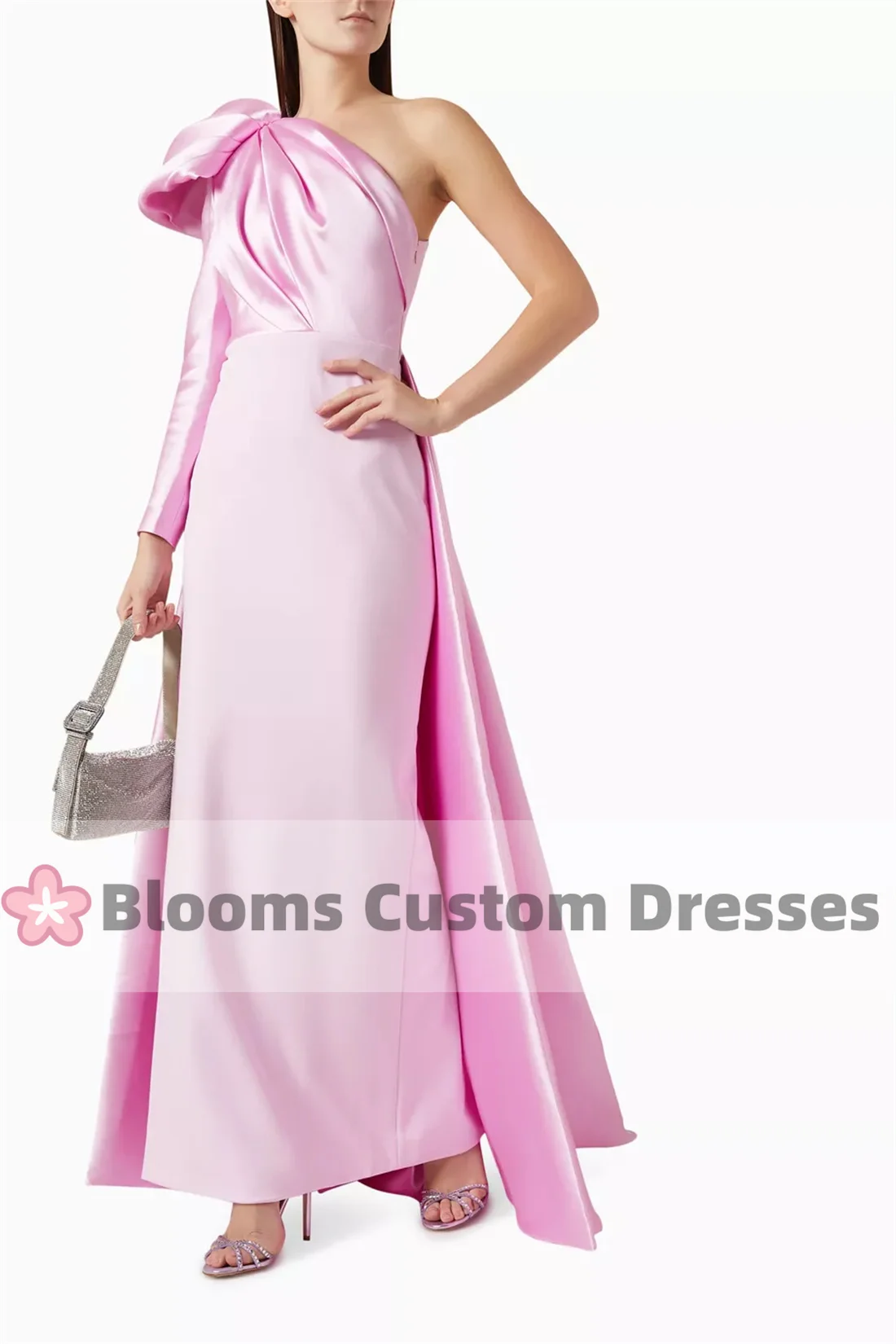 Blooms Pink Crepe One-shoulder Evening Dresses 2024 Satin Long Sleeve Formal Party Gown Prom Dress robes invitée mariage