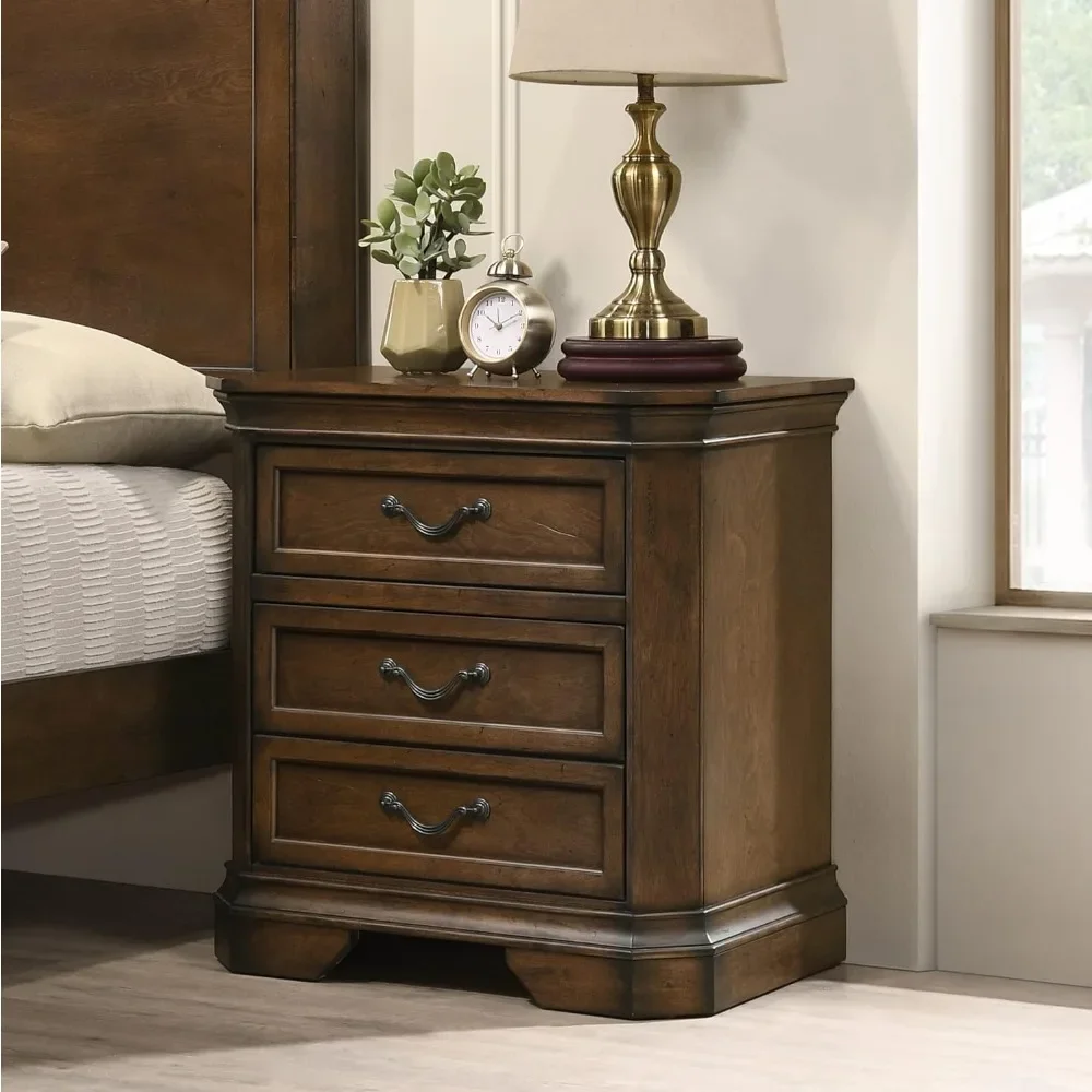 Traditional Wood 3-Drawer Nightstand, Antique Walnut Finish 3-Drawer Wood Nightstand English Dovetail Constructed Drawers