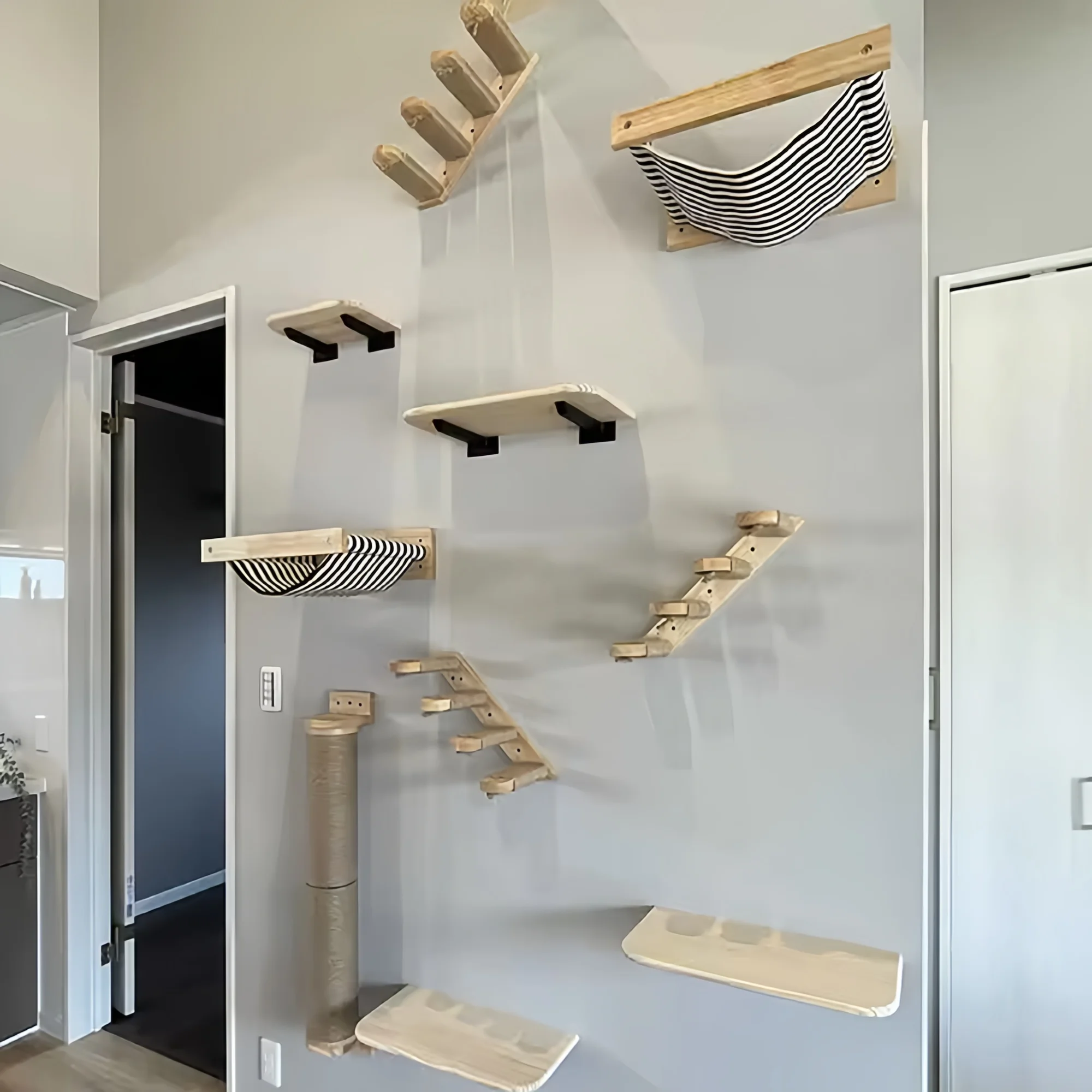 Estantes de escalada para gatos montados en la pared, torre de árbol para gatos, hamaca, postes rascadores, perchas para gatos, gatito para dormir, jugar, moler las garras