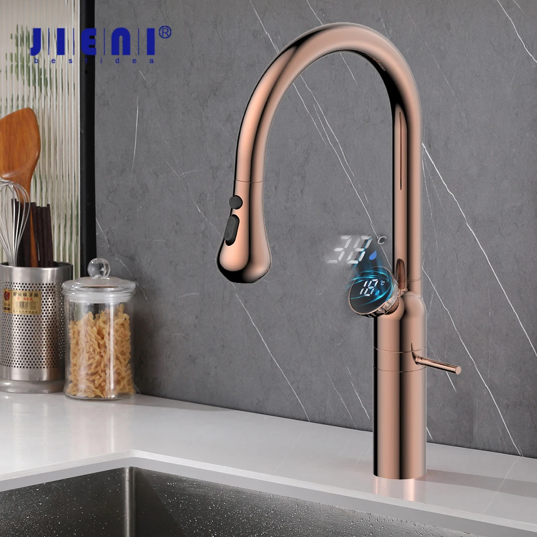 

JIENI кухонный смеситель из розового золота, поворотный на 360 градусов, 3-сторонний латунный съемный смеситель для кухонной мойки, светодиодный дисплей температуры, смеситель для горячей и холодной воды