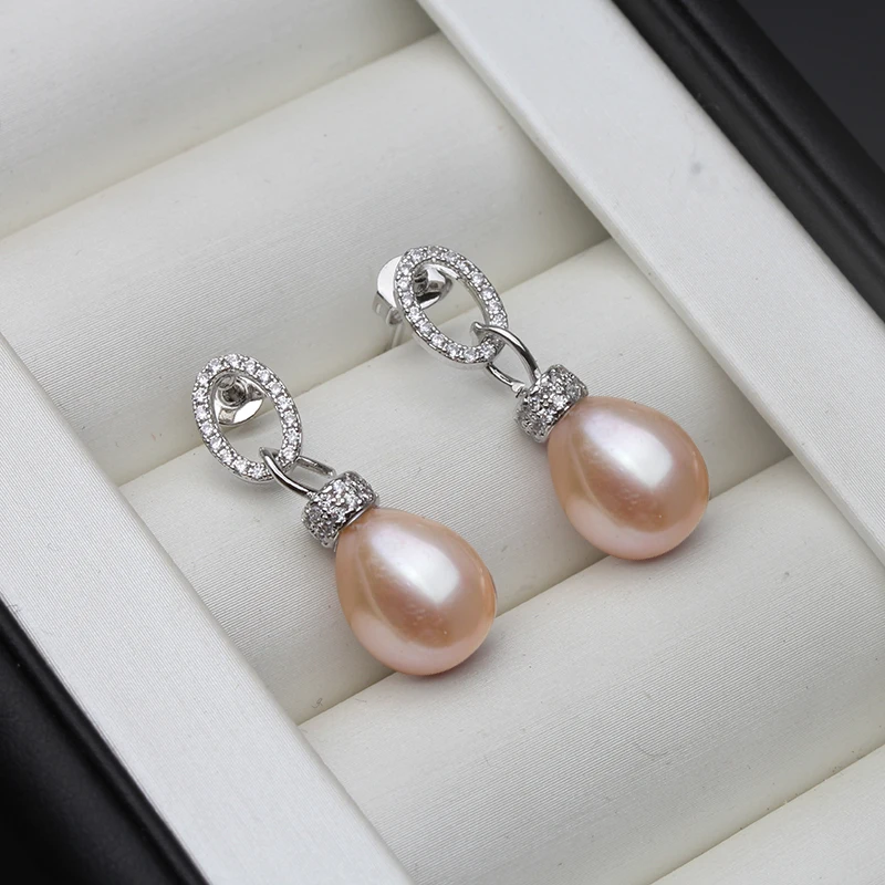 Real 925 Sterling Silver Freshwater Pearl Earring Jewelry,Wedding White Pink Drop Natural Pearl Earrings Girl Birthday Best Gift