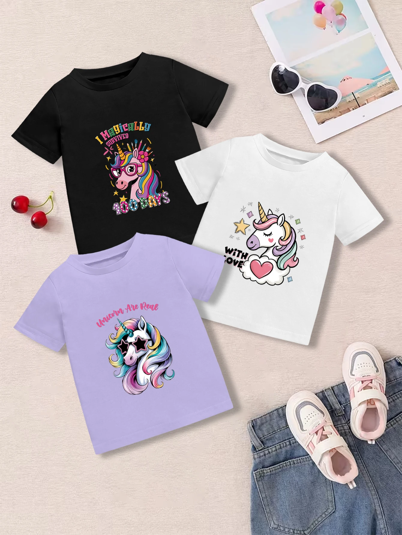 

3 предмета: летние милые футболки для девочек с графическим принтом «Спящий единорог в очках»