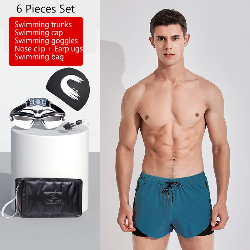 

Men Teens 6Pcs/Set Swimsuit Set Quick Dry Swimwear Swimming Goggles Cap Shorts Sport Surf Board Boxer Seaside Men Swim Trunks