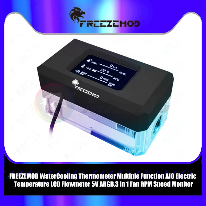 Watercooling Thermometer Multiple Function AIO Electric Temperature LCD Flowmeter 5V ARGB,3 in 1 Fan RPM Speed Monitor