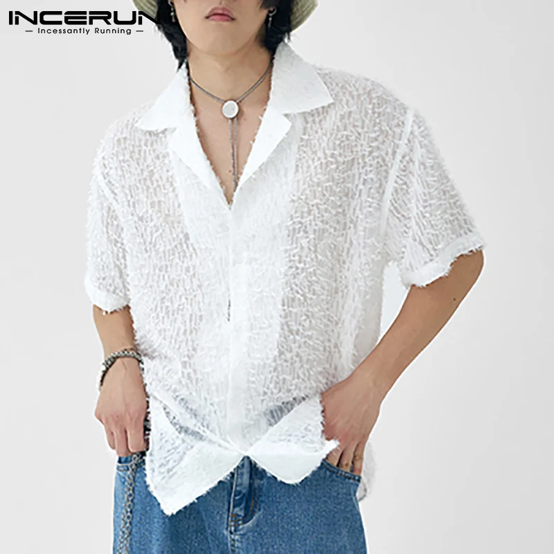 INCERUN Men\'s Shirt Tassel Solid Color Lapel Short Sleeve Casual Men Clothing Streetwear Summer 2024 Fashion Party Camisas S-5XL