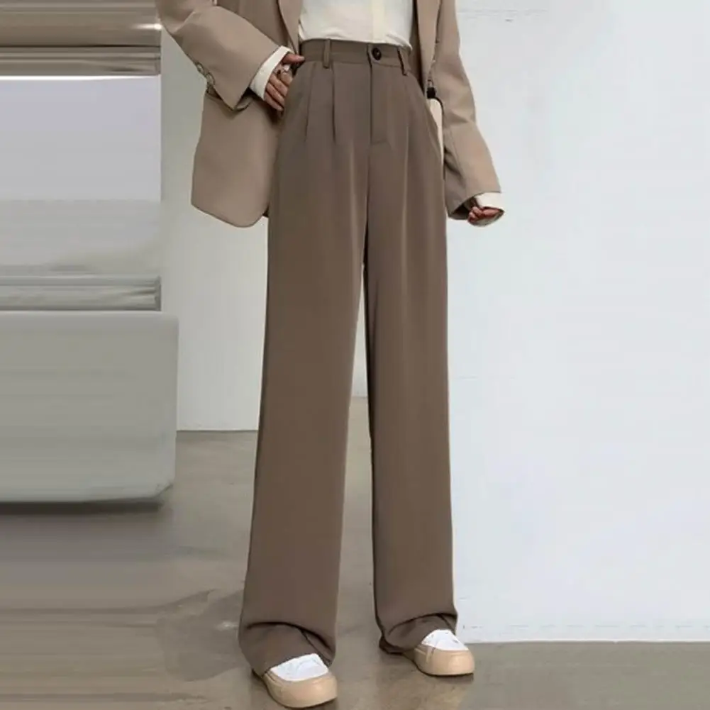 

Women Solid Color Suit Pants High Waist Straight Wide Leg Pants Slant Pockets Loose Office Trousers Pantalones De Oficina