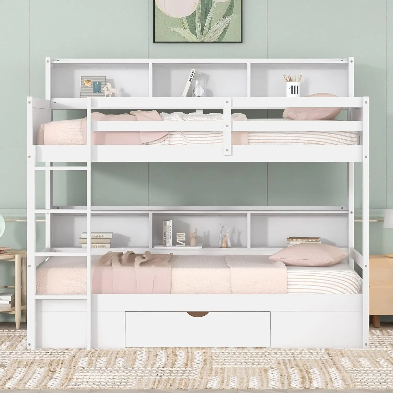 

Polibi Twin Over Twin Bunk Bed with Built-in Shelves Beside Both Upper and Down Bed and Storage Drawer,Twin Size Wooden Bunk Bed