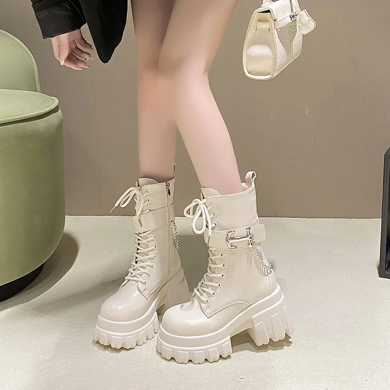 9CMChunky Platform Mid-Calf Boots Women New Autumn Winter Motorcycle Boots Woman Thick Bottom Non Slip Leather Combat Boots