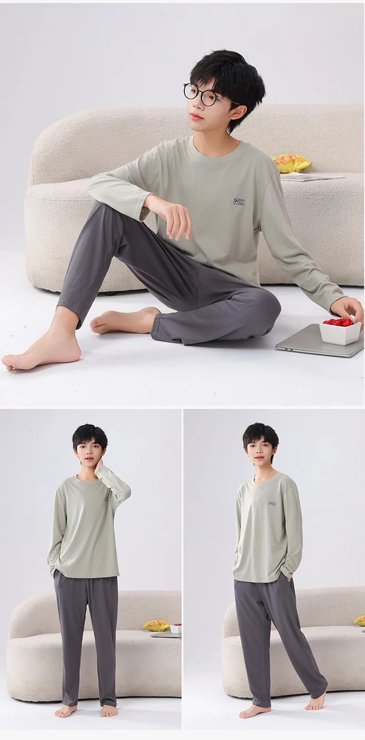 2-teiliges Set Jungen-Loungewear aus reiner Baumwolle, Frühlings- und Herbst-Pyjama für Jungen, bequeme, lockere Passform, lange Ärmel und lange Hose. – Detail 14