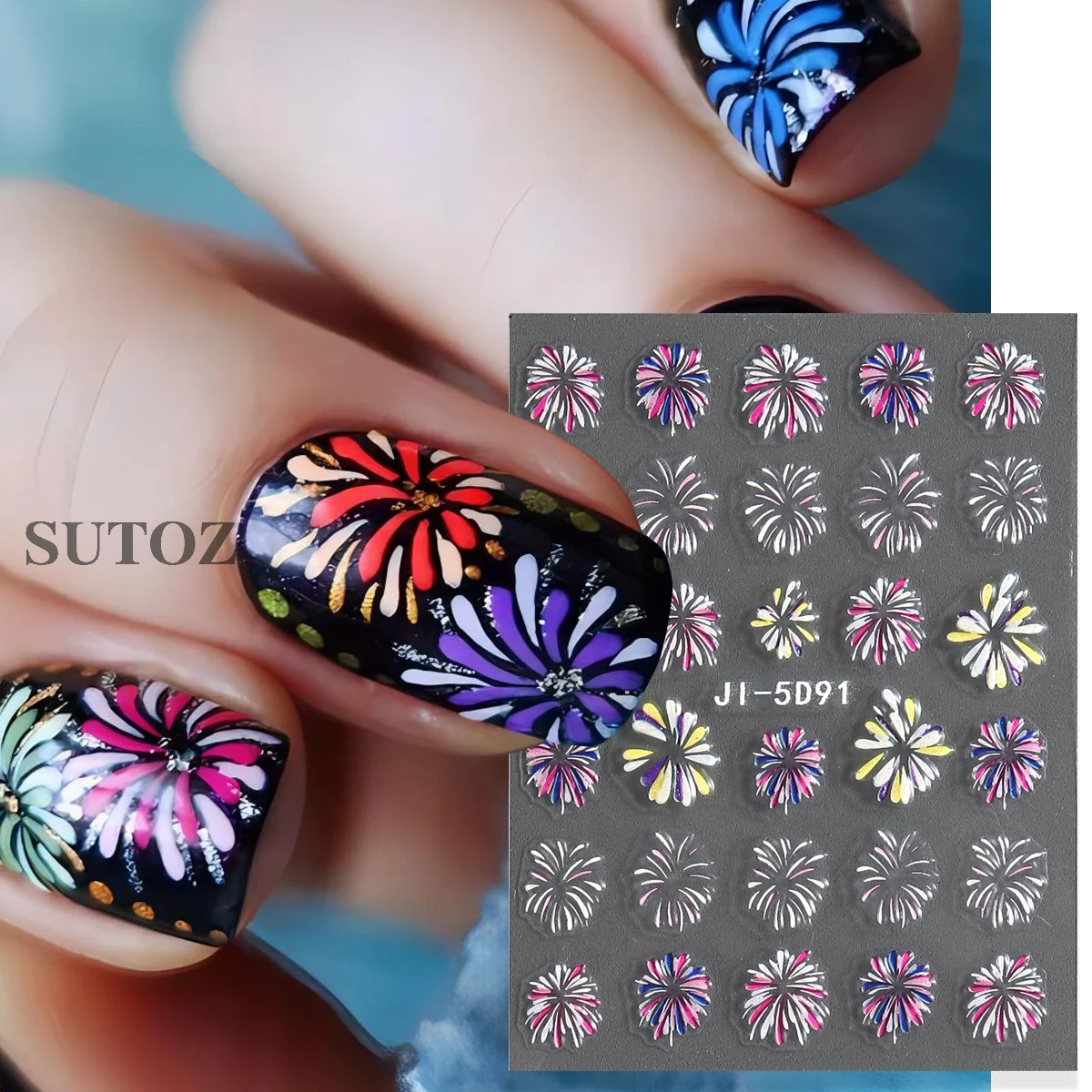 3D New Year Firework Nail Stickers 2024 Shiny Fireworks Nail Decals Glitter Sliders for Manicure Holographic Foils Wrap JI-5D90