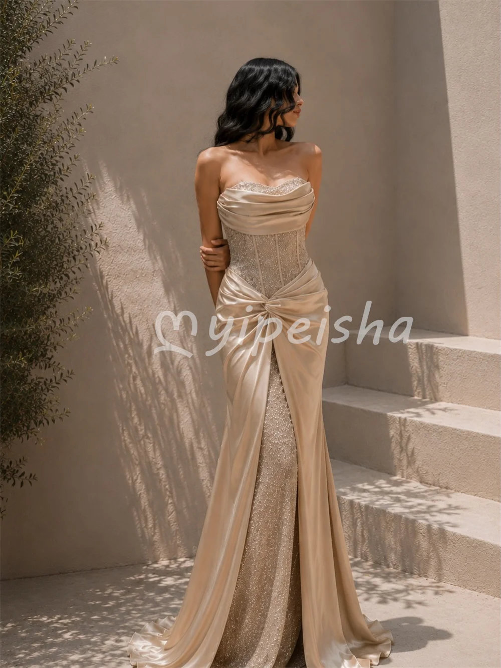 Sparkle Intricate Champagne Beading Sequined Charmeuse Draped Mermaid Sweetheart Floor-Length Evening Dresses Customized
