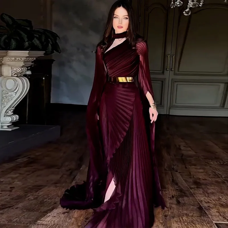 Ele Long Sve Gown with oulder awl High Waist Belt Slit Design for Women Summer 2025 Cross-Border Faion Dr