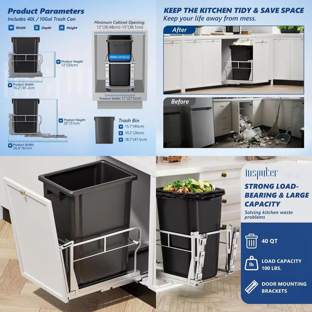 

Кухонный мусорный бак с наклоном на 10 галлонов, 12 Вт x 18 дюймов, простое удаление и 10 шт. ° Функция наклона