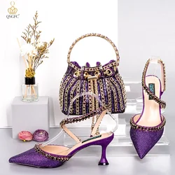 QSGFC-Purple Color Tone Diamond Chain Point Toe Pumps, Metal Chain Lock Tote Bag, Sophisticated Tassel Party Style, Trendy