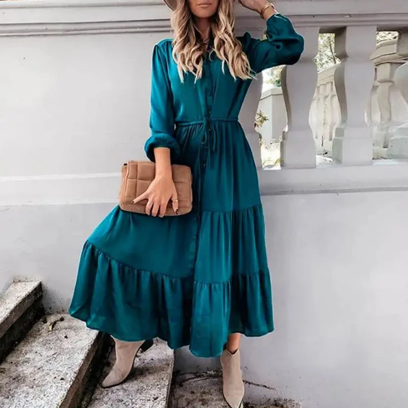 Vestido informal con dobladillo y volantes para mujer, vestido con cordones y cuello de solapa Vintage, bata lisa de primavera, novedad de otoño, vestido camisero Maxi de manga larga