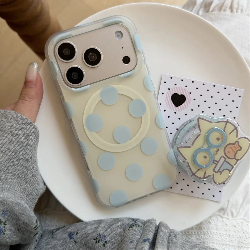 Cute Polka Dot Magnetic Phone Case For iPhone 15 16 17 18 Pro Max Cartoon Cat Shape Grip Holder Shockproof Hard Protective Cover