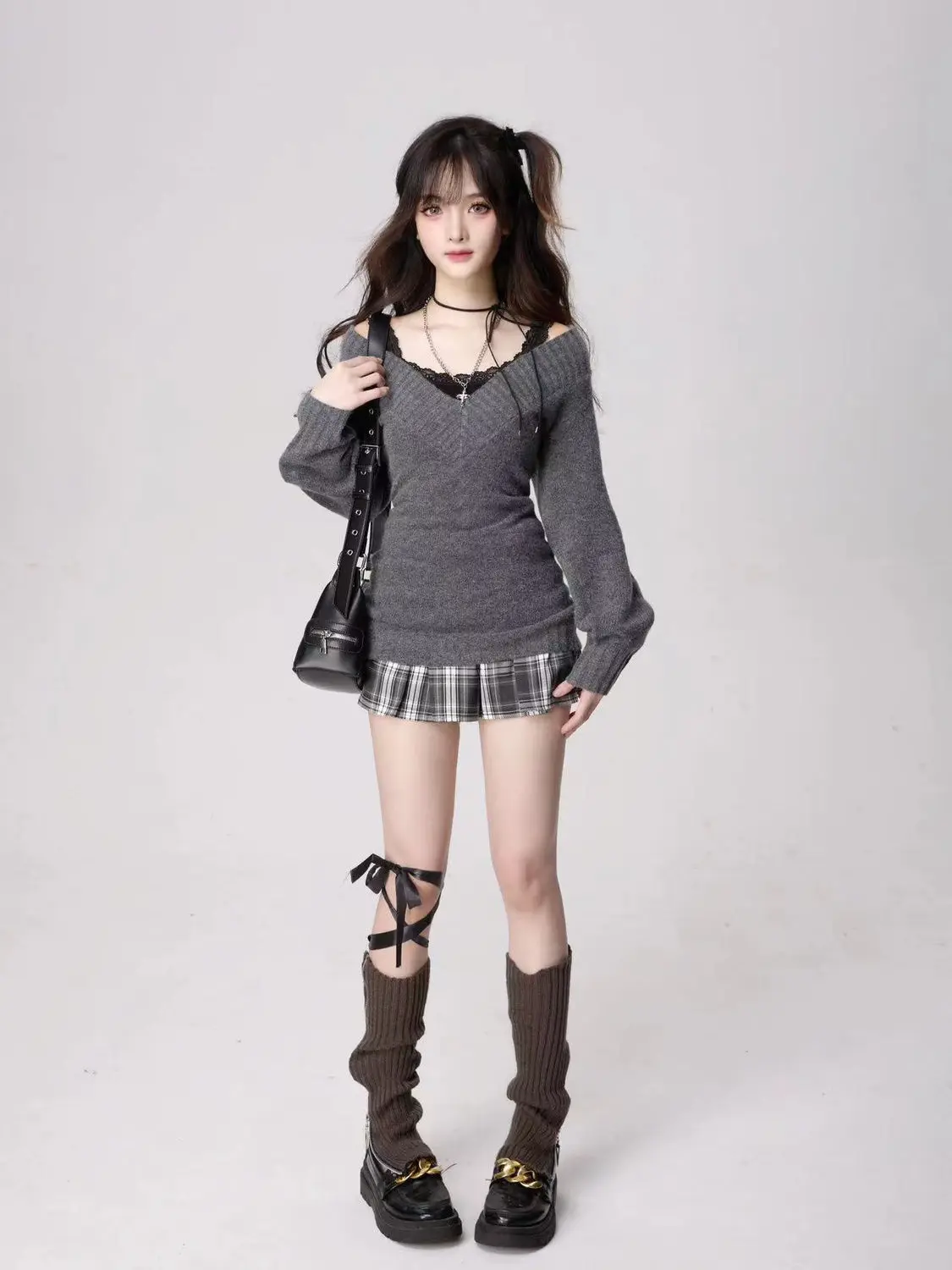 Fairycore y2k estética grunge suéteres feminino com decote em v rendas retalhos manga longa pullovers vintage all-match malhas jumpers