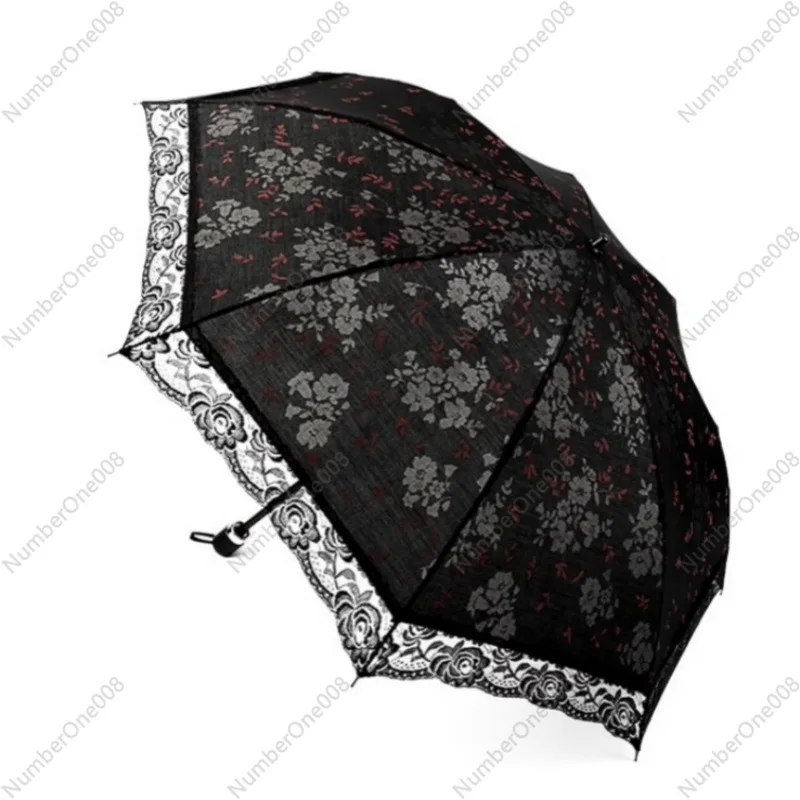 Lace & Laser Print Floral Umbrella, 2-Fold Compact Sun & Rain Shield, Forest Girl Style Cute Parasol